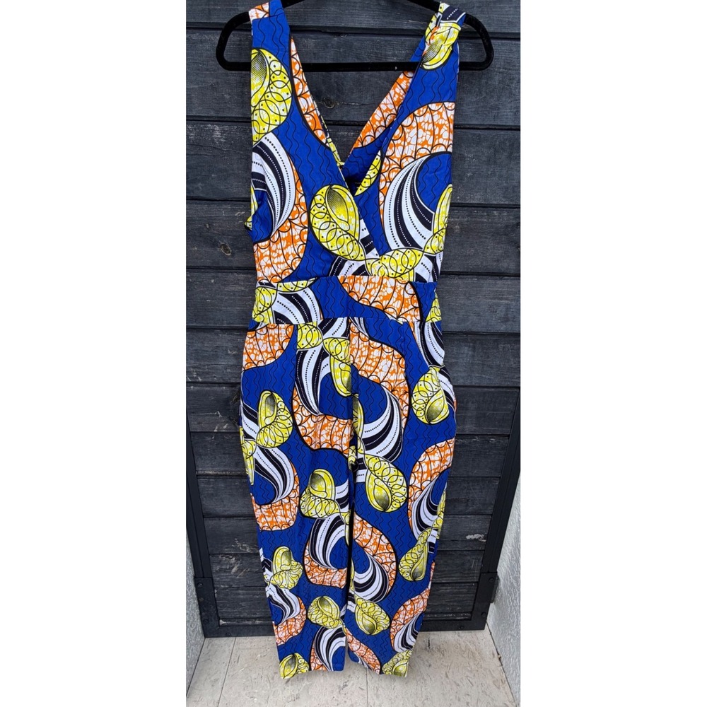 Grass-Fields African Wax Print Jumpsuit Blue Orange Yellow XXL Wide Leg Tie Back